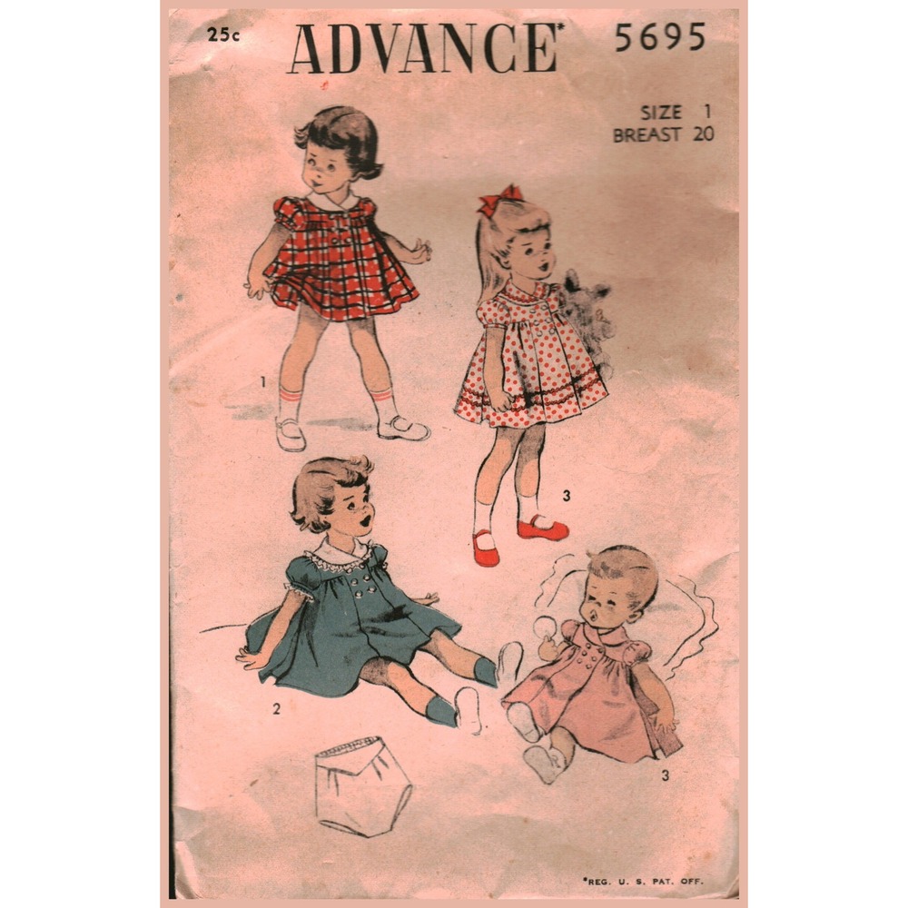 Vintage Advance 5695 Toddler Girl Dress Panties Sewing Pattern Size 1 Breast 20